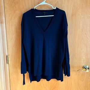 J Crew Navy Blue V Neck Bell Sleeve Tie‎ Detail Sweater Knit Top Womens Size L